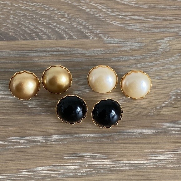 Faux Pearl Button Pierced Earrings Set of 3 in Gold, Cream & Black - Picture 5 of 11